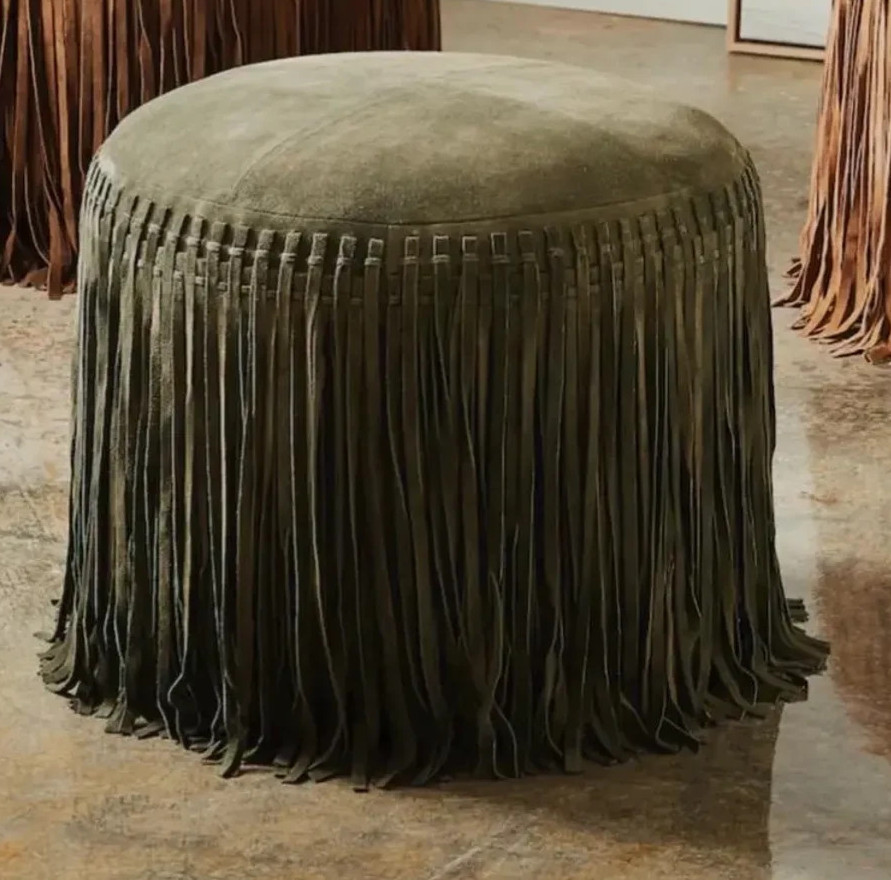 Premium Real Leather Suede Ottoman Pouf with Western Fringe Living Room Hall Roo gallery