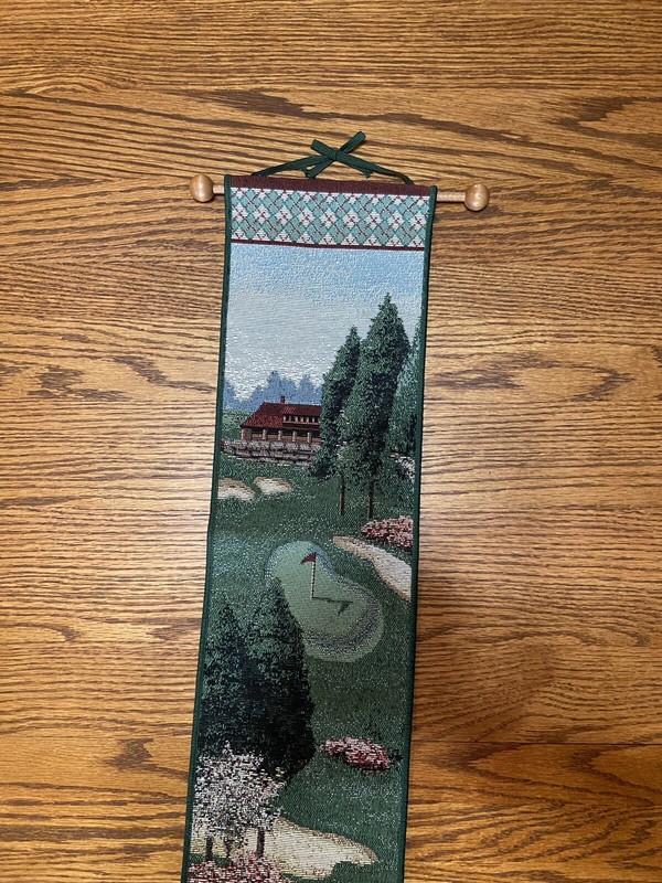 Three Golf Theme Tapestry Wall Hangings Two 2001 16”x12.75” And One 41.5” X 6” gallery