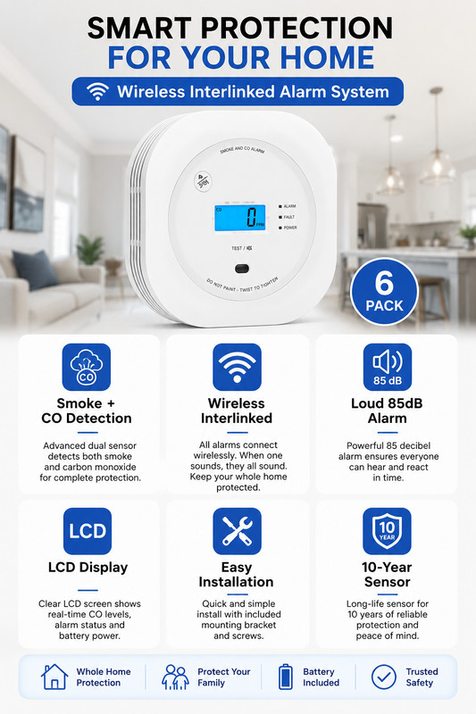 Wireless Interlinked Smoke & Carbon Monoxide Alarm 6 Pack LCD Display SC-RF200 gallery