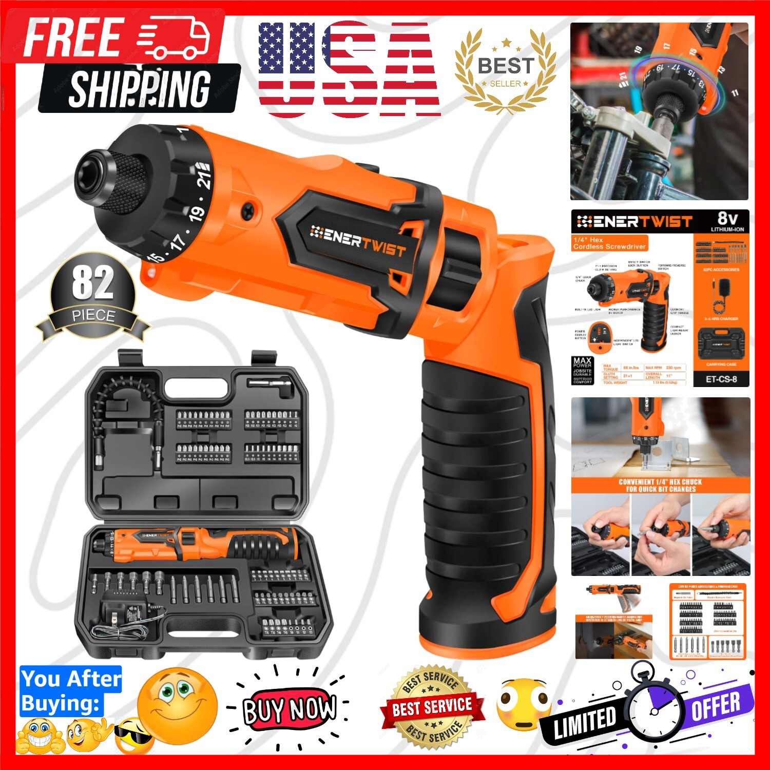 Precision 8V Cordless Electric Screwdriver with 21+1 Clutch & LED Light gallery