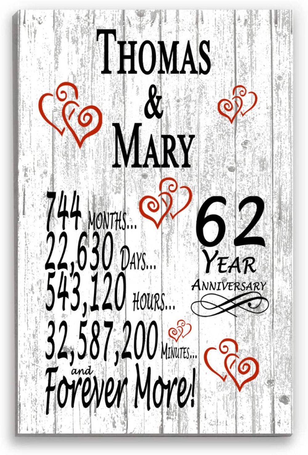62nd Anniversary Gift - Personalized Wood Plaque for Husband, Wife or Couple - 6 gallery