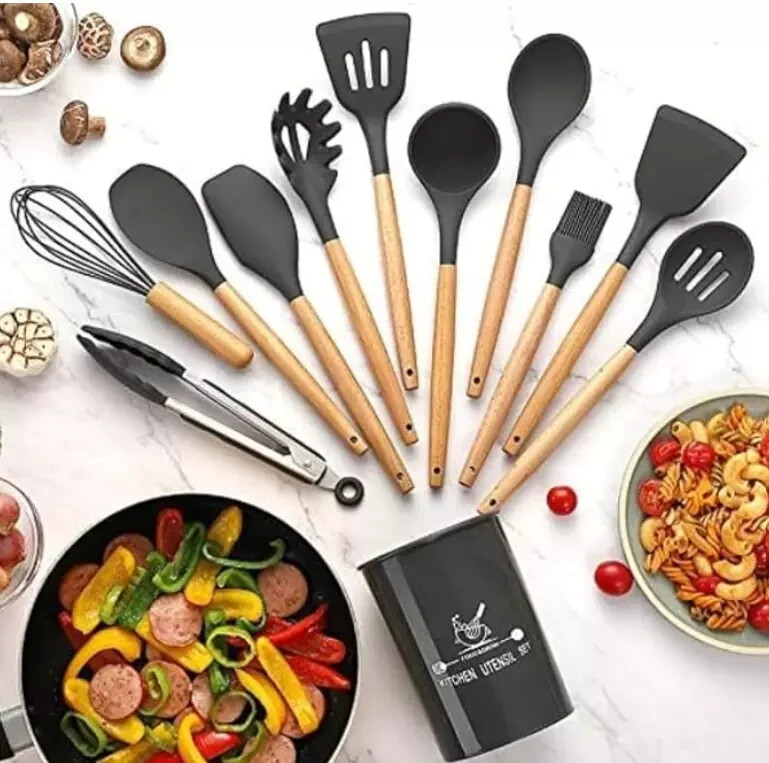 12-Pcs Kitchen Silicone Utensils Set with Heat Resist Wooden Handle Black gallery