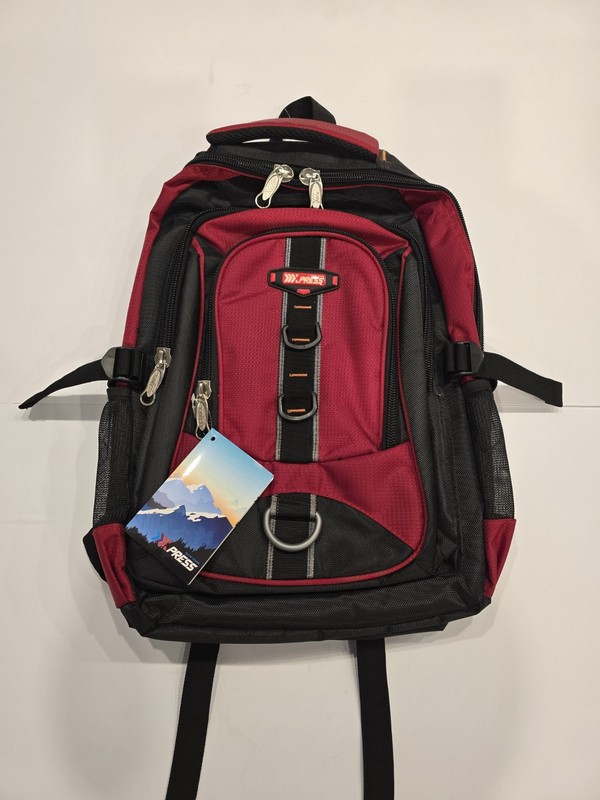 XPRESS Red Black Hiking Backpack Reflective Stripes 4 Pockets Padded Straps