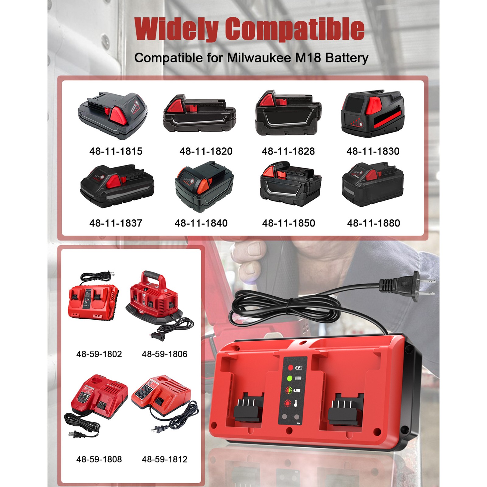 18V Dual Bay Simultaneous Charger for Milwaukee 18V M18 Battery 48-11-1850 gallery