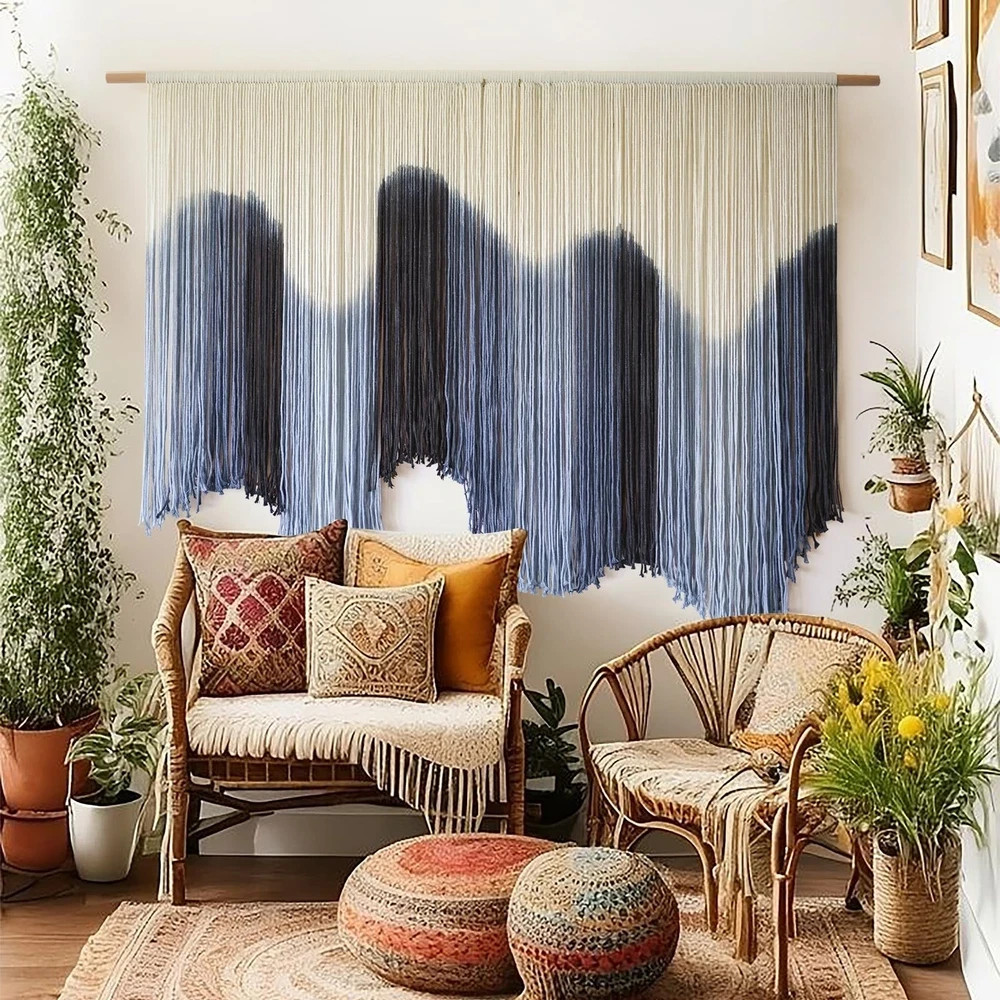 IOWER Macrame Wall Hanging Large Blue Dip Dyed Fiber Art Tapestry, 57" W x 39" L gallery