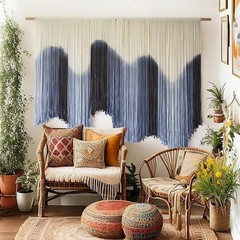 IOWER Macrame Wall Hanging Large Blue Dip Dyed Fiber Art Tapestry, 57″ W x 39″ L