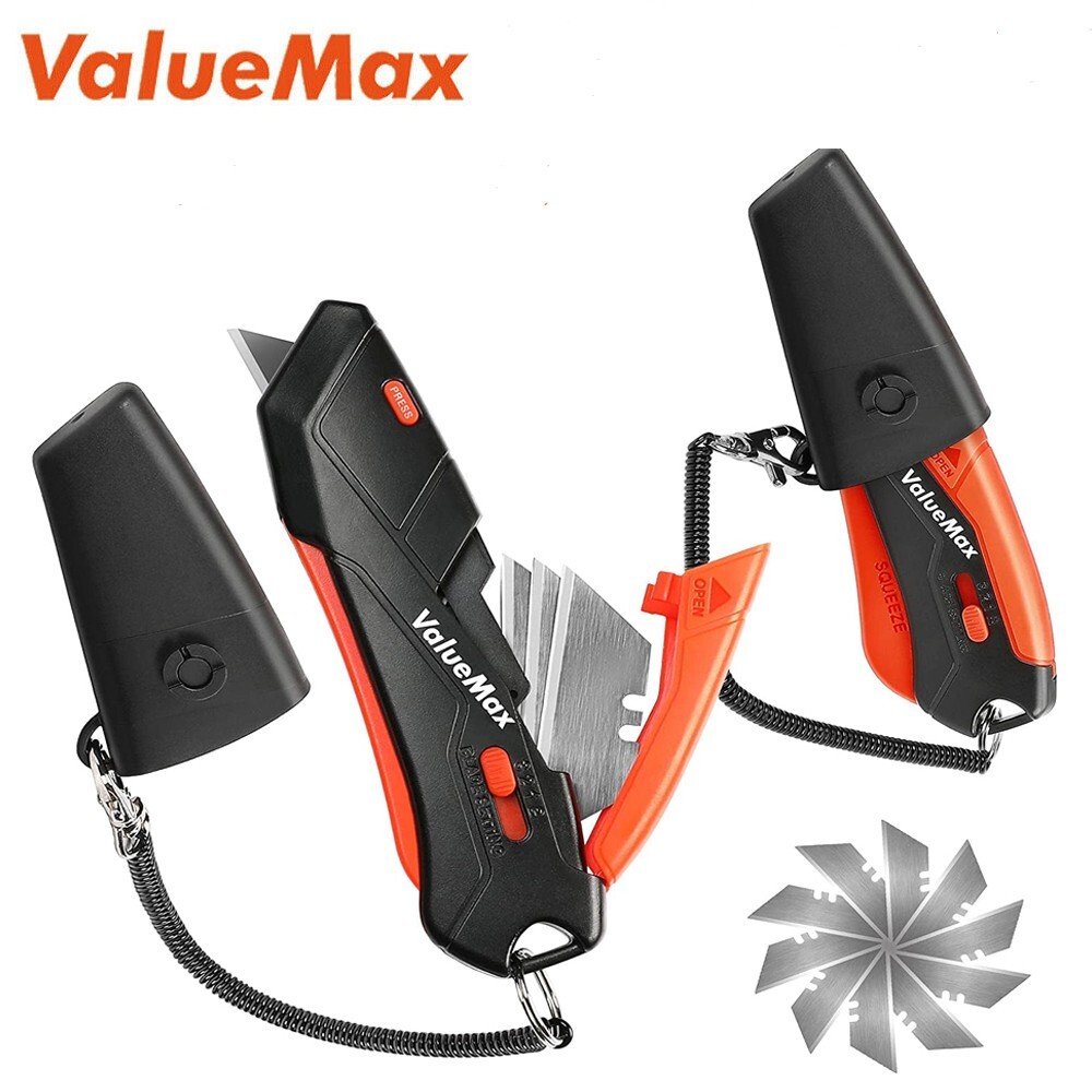 ValueMax 2 Pack Box Cutter Knife Self-Retracting Knife With Lanyard Extra Blades gallery
