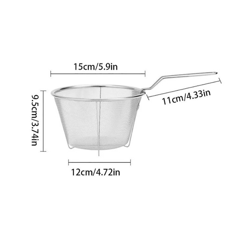 1pc Stainless Steel Silver Deep Fry Basket Round Strainer with Handle - NEW gallery