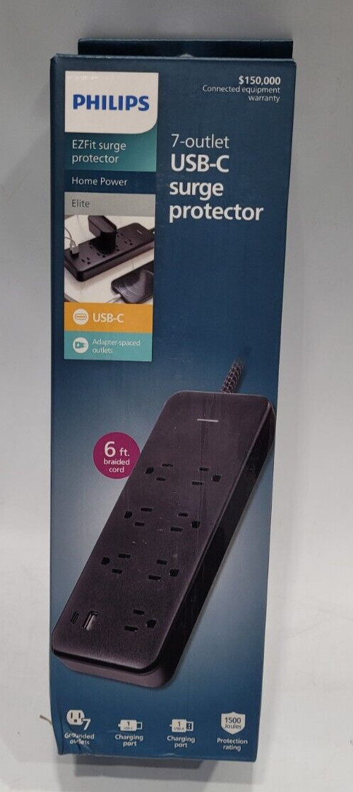 1x Philips 6-ft 7-Outlet Surge Protector, 1 USB-a, 1 USB-C, 15W, 1500J gallery