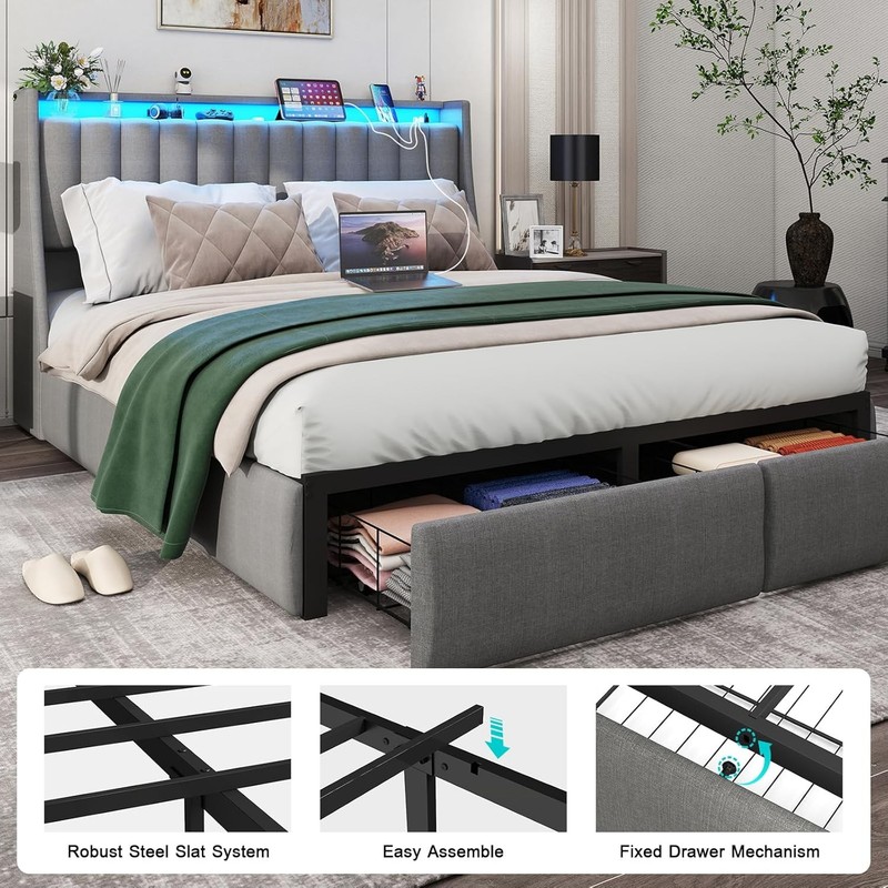 Full Queen Bed Frame with 4 Storage Drawers and Charging Station ＆ LED Lights HL gallery