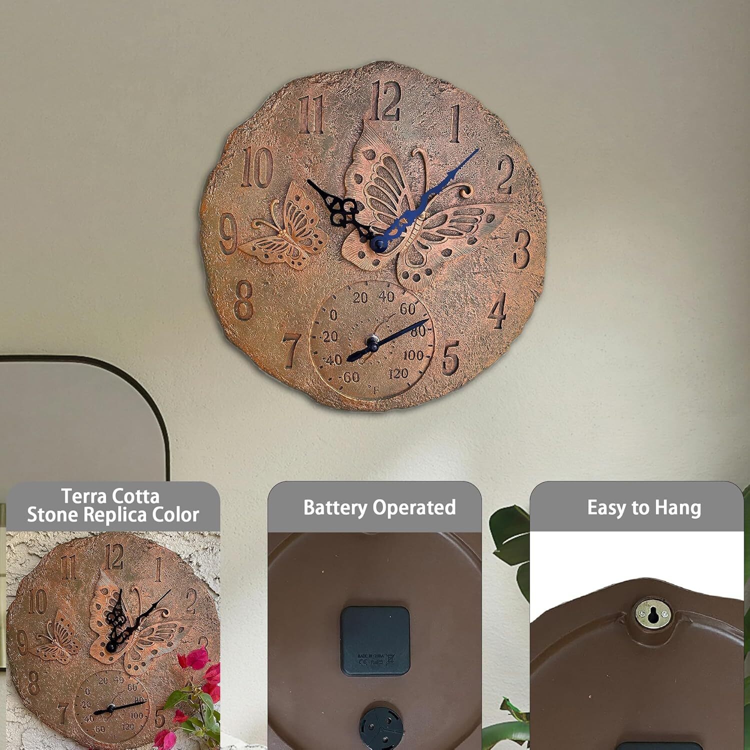 Hanging Wall Clock, Includes a Thermometer, Ideal for Indoor and Outdoor Use, Wo gallery