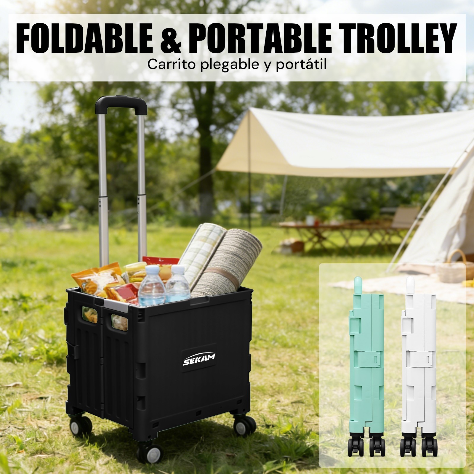 Foldable Rolling Crate with Lid & Telescopic Handle Portable Utility Cart Multi gallery