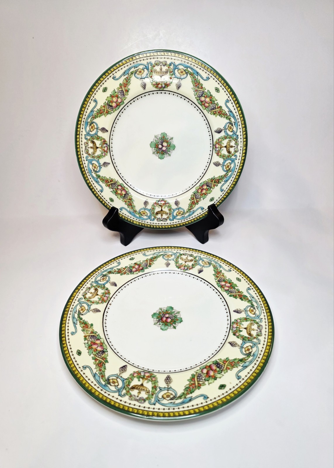 Rare Royal Worcester Windsor 7" Dessert Plates Green Trim Urn + Fruits Set Of 2 gallery