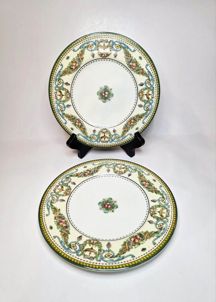 Rare Royal Worcester Windsor 7" Dessert Plates Green Trim Urn + Fruits Set Of 2