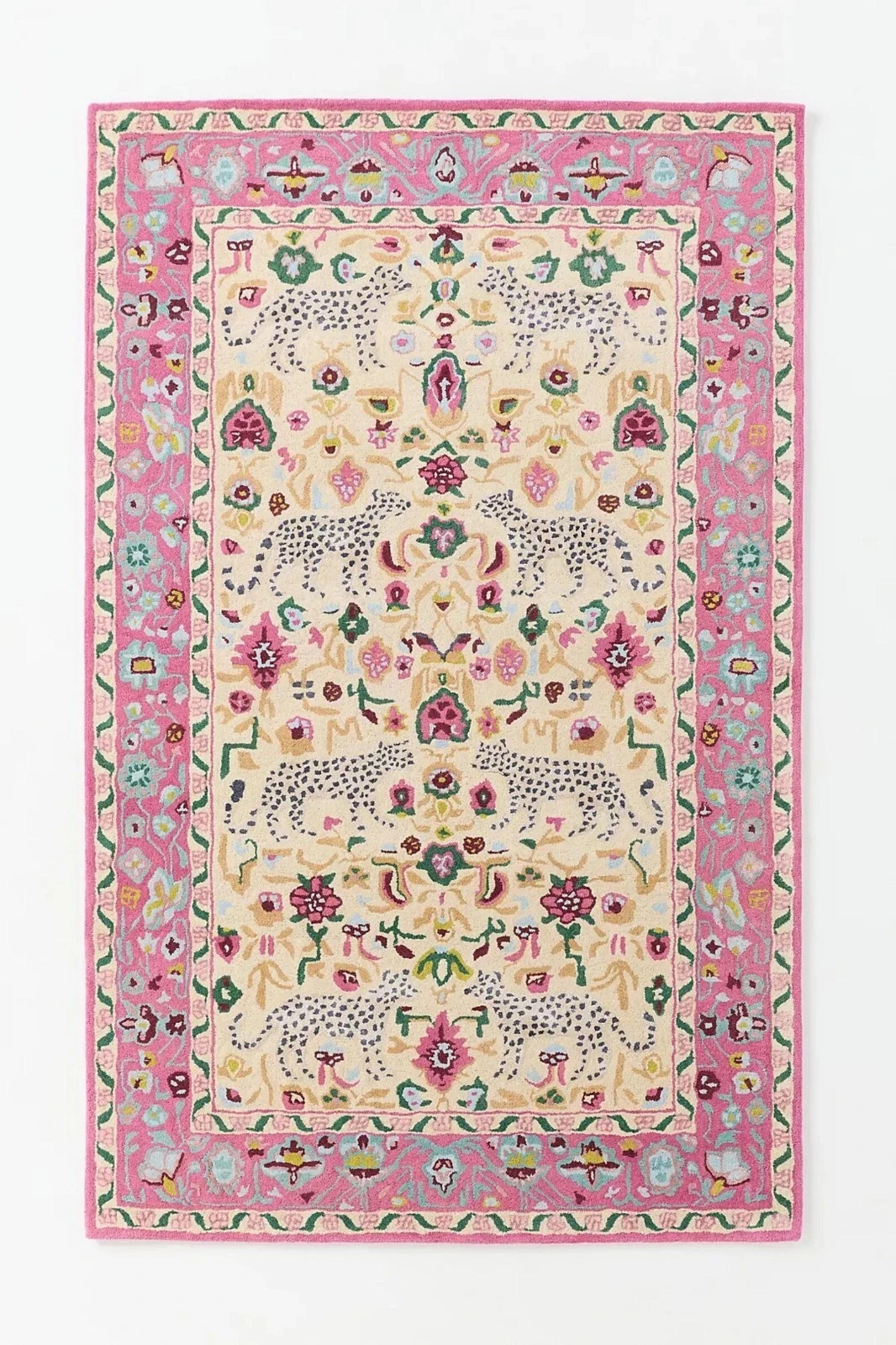 Hand-Tufted Pink Leopard Floral Wool Area Rug Boho Handmade Carpet gallery