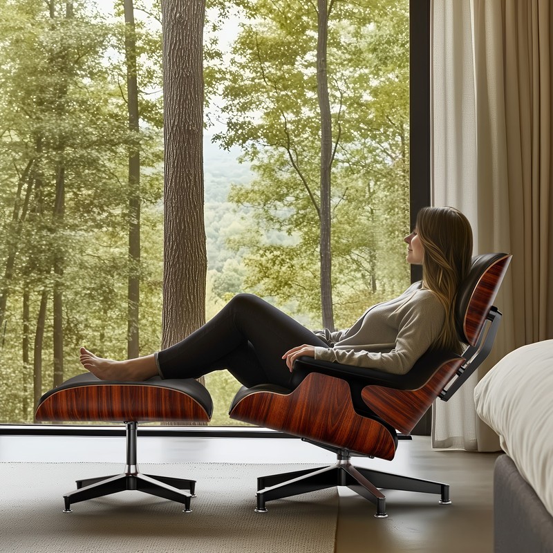 Mid Century Tall Eames Chaise Lounge Chair With Ottoman Footstool Set Rosewood gallery