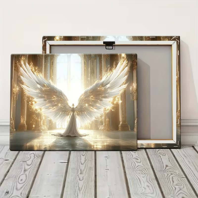 Framed 24x36 Angelic Figure in Grand Hall – Glowing Wings Divine Fantasy Wall Ar gallery