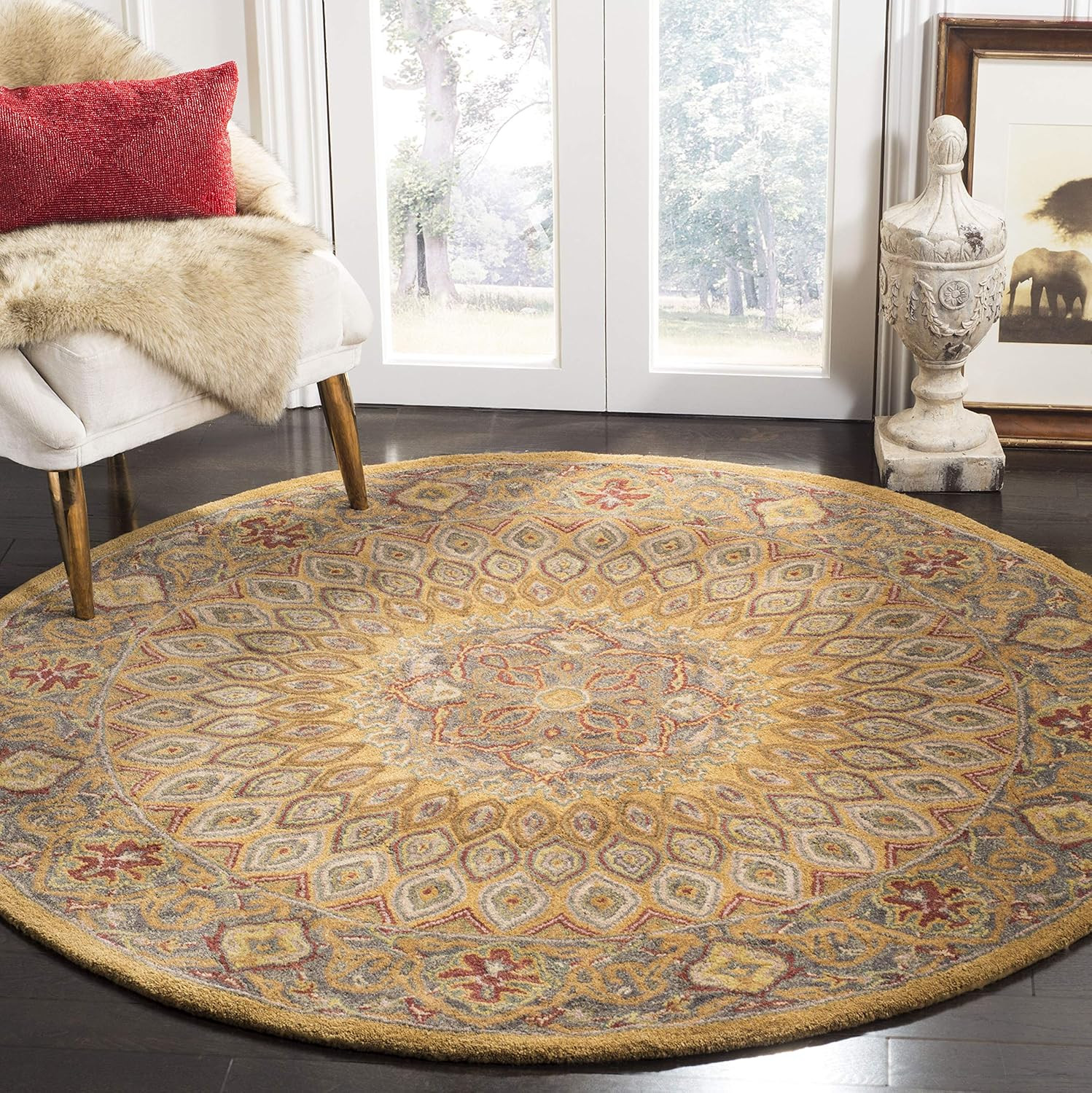 Handmade 8' Round Light Brown/Grey Premium Wool Oriental Area Rug gallery