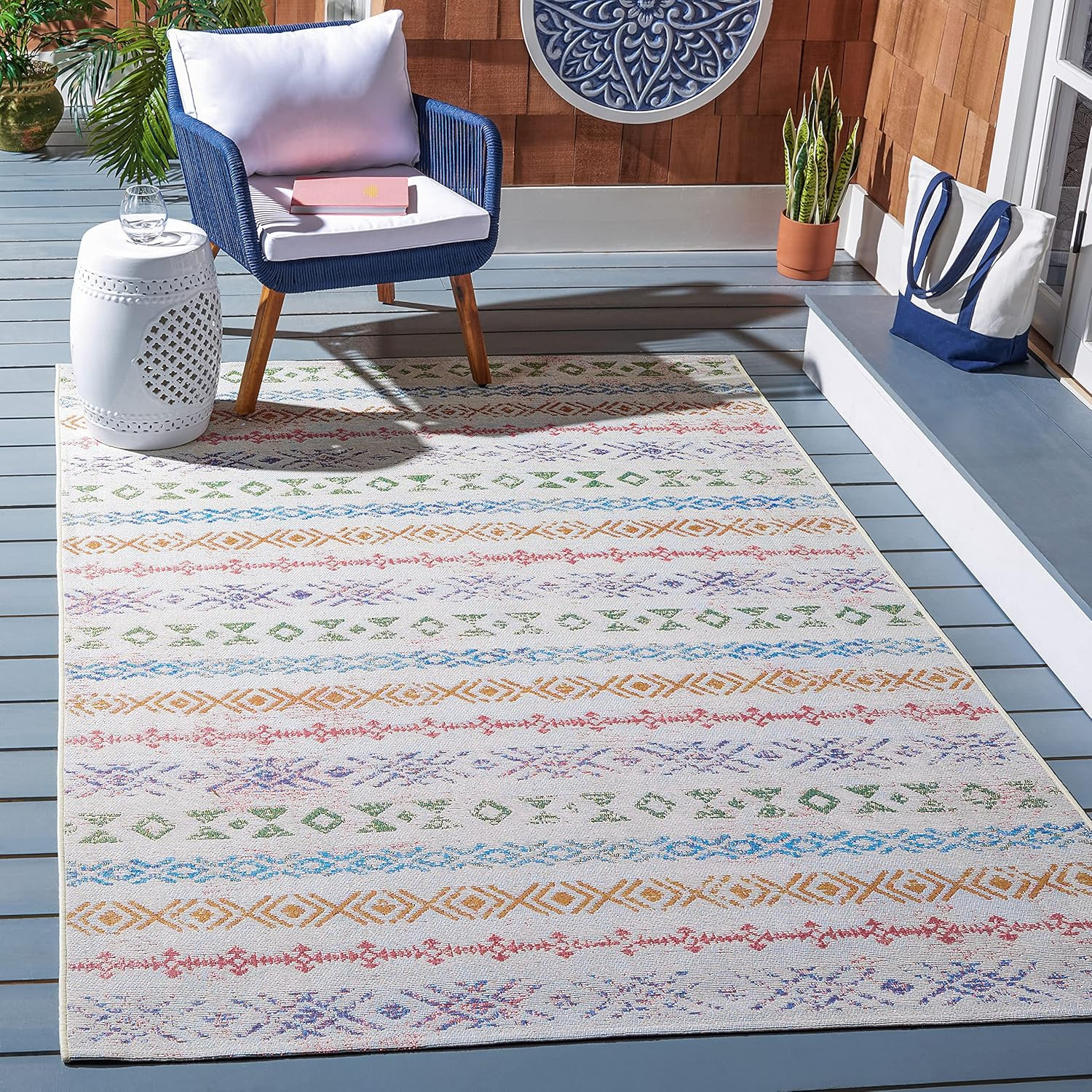 8' x 10'5" Washable Outdoor Rug - Ivory & Blue, Easy Clean, Non-Shedding gallery