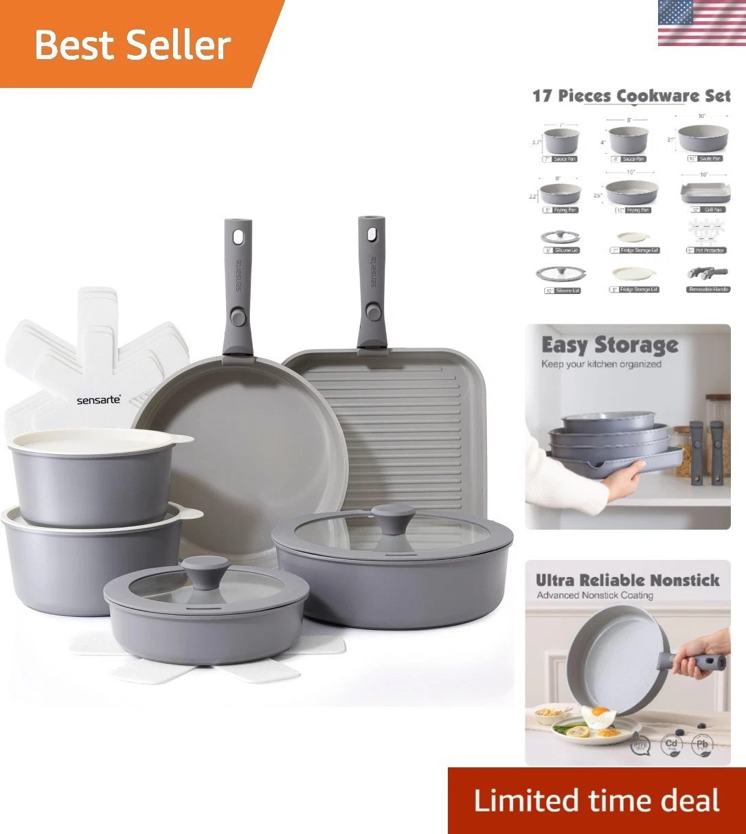 17 Piece Ceramic Pots and Pans Set, Nonstick Detachable Handle Cookware, Indu... gallery