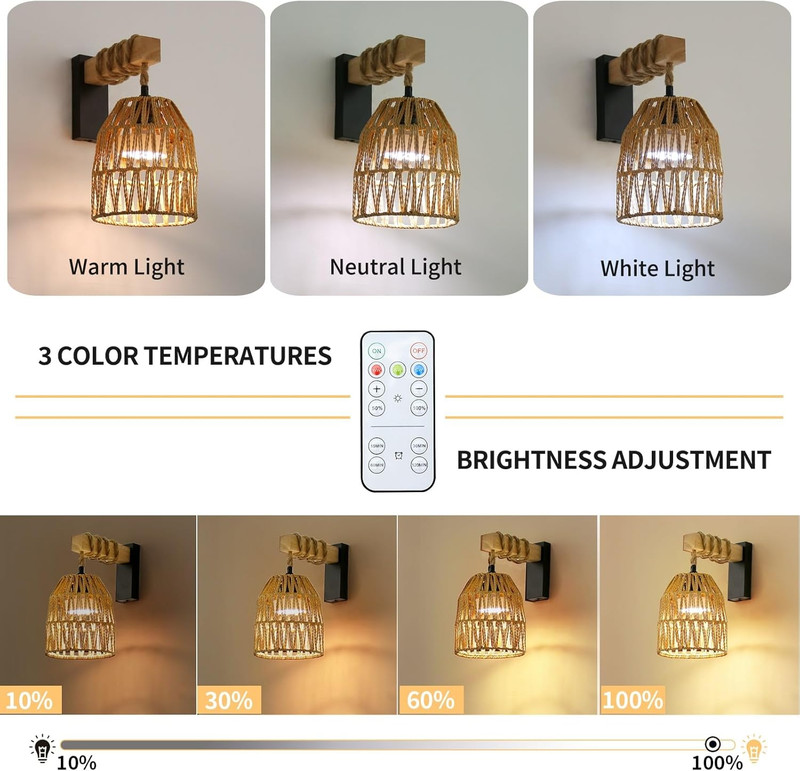 Rechargeable Rattan Wall Sconces with Remote, Set of 2 for Home Decor gallery
