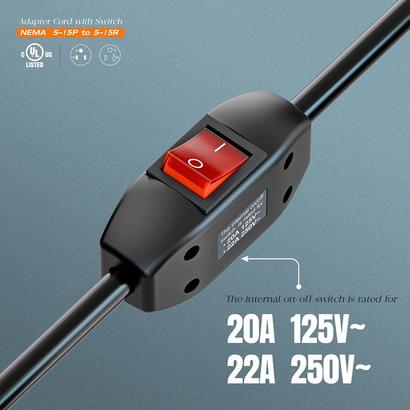 Inline On/Off Switch Extension Cord, 3-Prong Household Switchable Power Cords, gallery