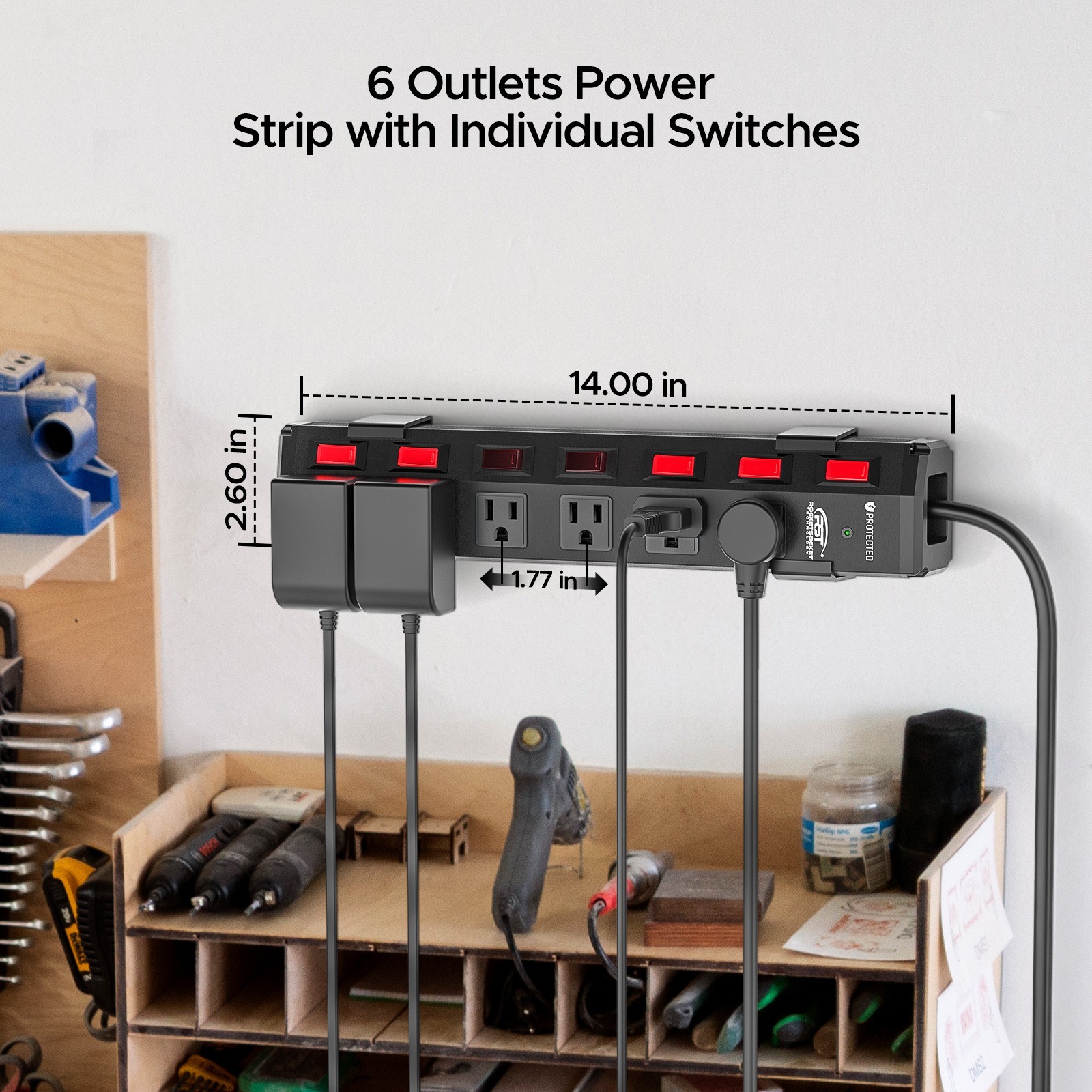 CRST 15A Power Strip Wide Spaced 6-Outlet 6ft, 1200J Heavy Duty Surge Protector gallery