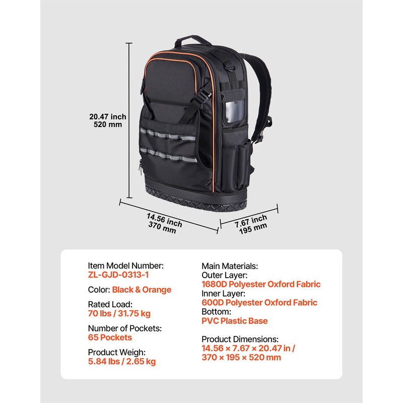 Tool Backpack 65 Pockets Tear-resistant Jobsite Backpack for Electrician gallery