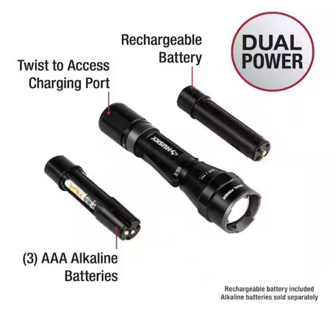 Husky Rechargeable LED Flashlight 1800 Lumens Dual Power Adjustable Focus 80m gallery