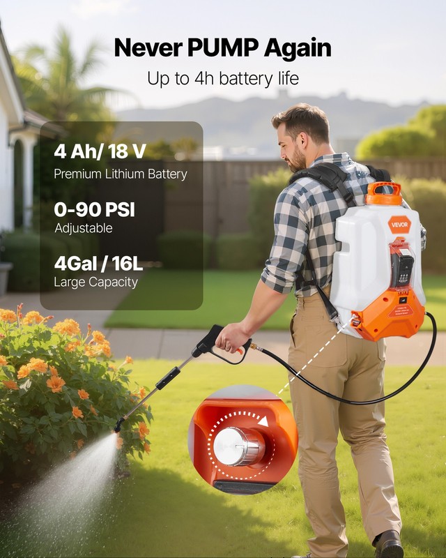 VEVOR 4 Gallon Battery Powered Backpack Sprayer 0-90PSI 4H Runtime for Yard Lawn gallery