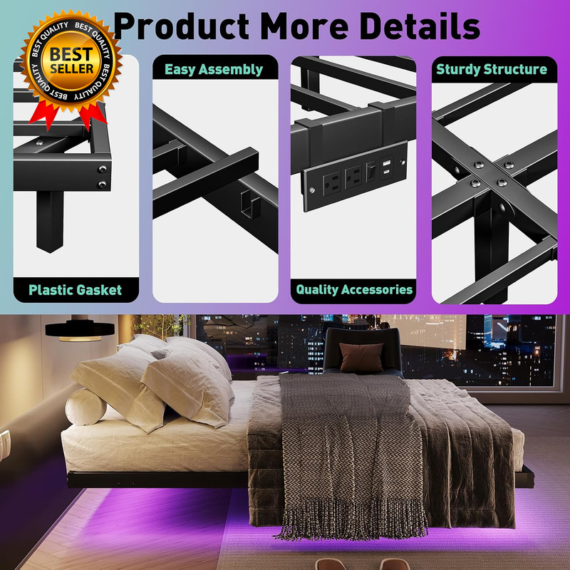 Floating Bed Frame with LED Lights and Charging Station 10 Inch Floating Bed gallery