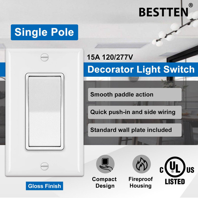 10 Pack Single Pole Decorator Light Switch with Wallplate, 15A 120/277V, Rocker gallery