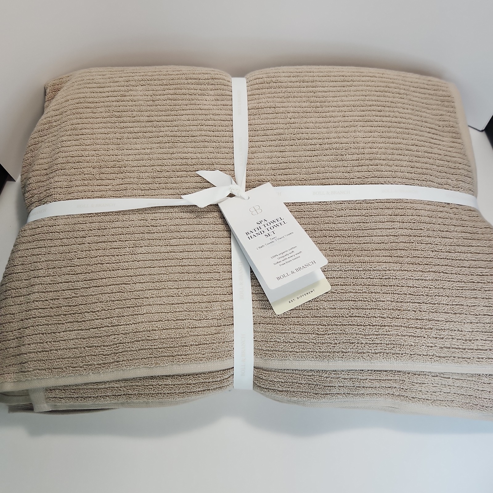 2 BOLL & BRANCH Spa Luxury Bath/Hand Towel Set Oak Beige 100% COTTON Textured gallery
