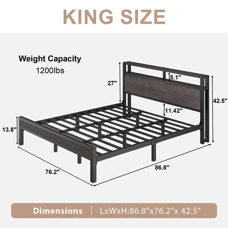 Full/Queen/King Size Bed Frame with LED Lights Headboard and 2-Tier Storage gallery