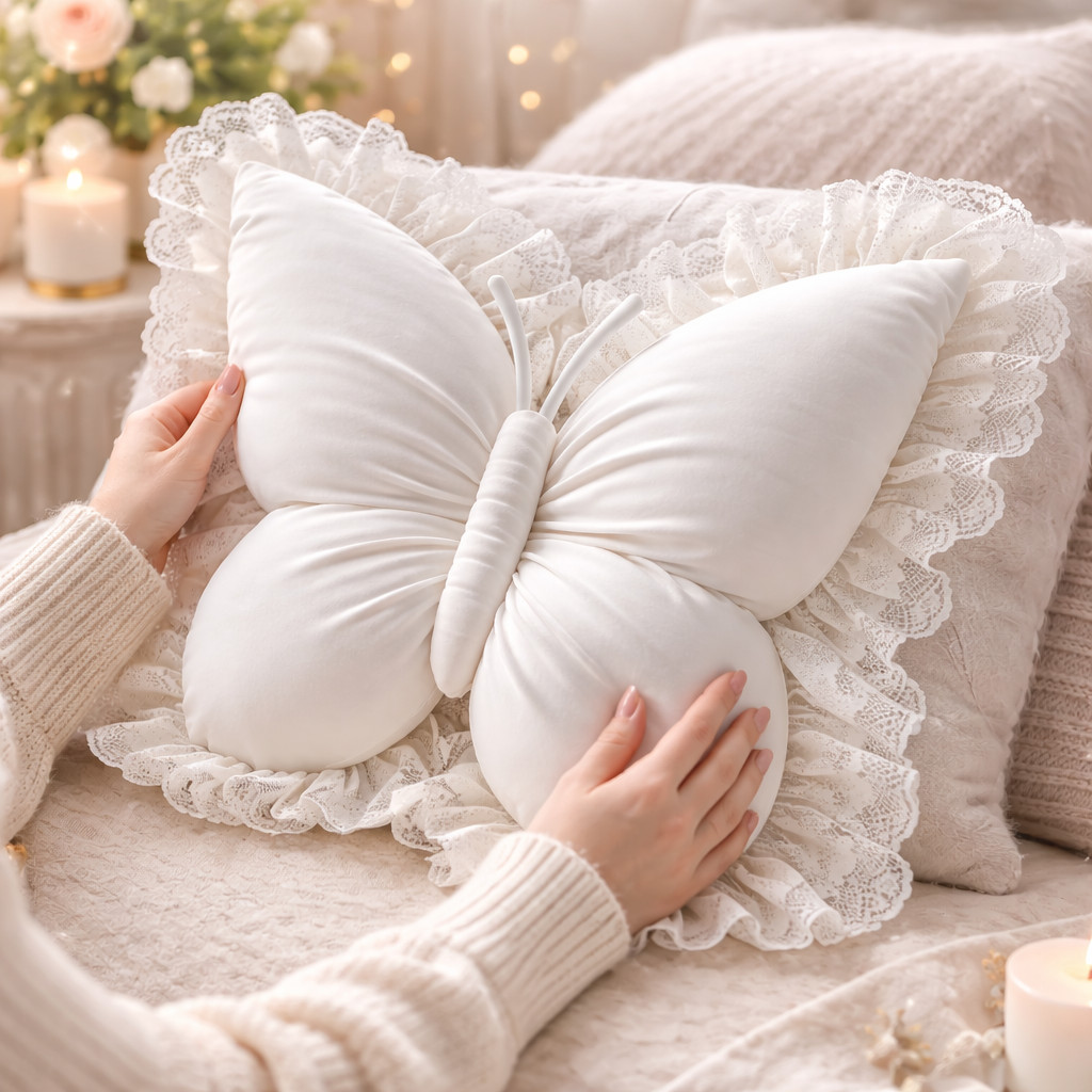 Butterfly Throw Pillow White Lace Ruffle Cushion Princess Sofa Bedroom Decor gallery