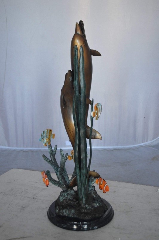 Two Dolphins with fish, table top bronze statue. - Size: 8"L x 8"W x 22"H. gallery