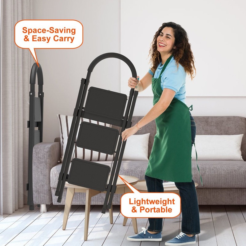 3-Step Folding Ladder, 330lbs Load Capacity, Lightweight 6.94lbs with 1.57in Fol gallery