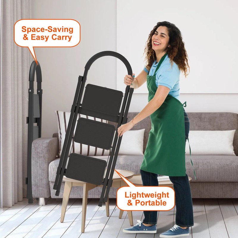 3-Step Folding Ladder, 330lbs Load Capacity, Lightweight 6.94lbs With 1.57in Fol gallery