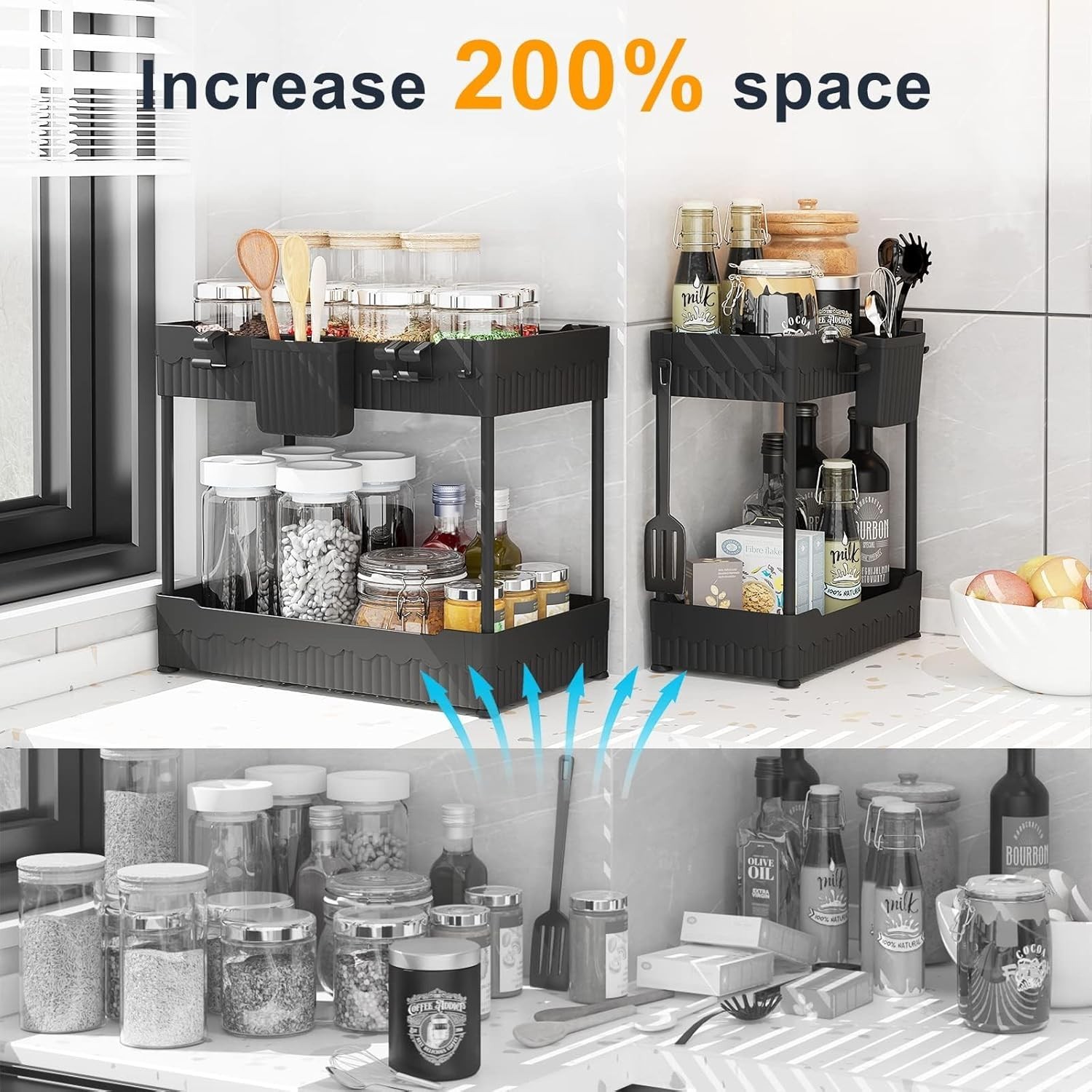 Under Sink Organizer 2 Pack Bathroom Kitchen Cabinet Storage Shelf Hooks Black gallery
