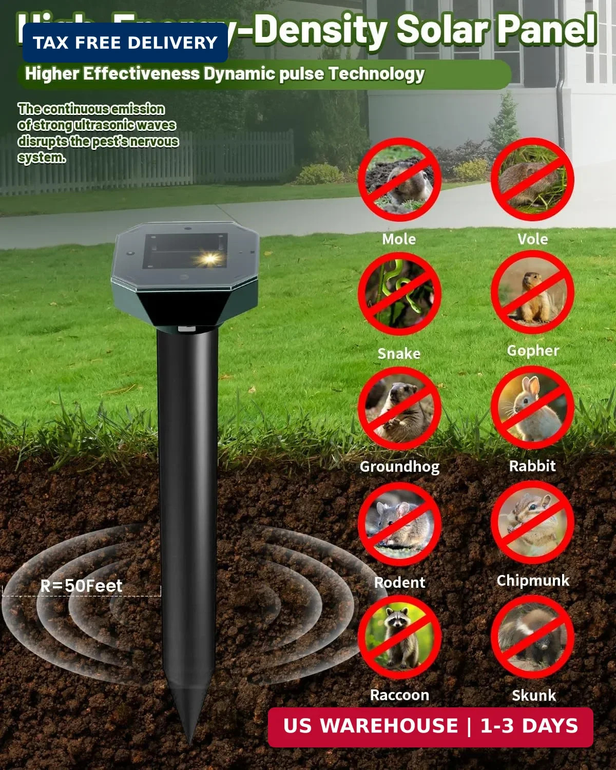 Snake & Mole & Rabbit & Skunk Repellent Solar Powered, Upgraded Ultrasonic Deter gallery