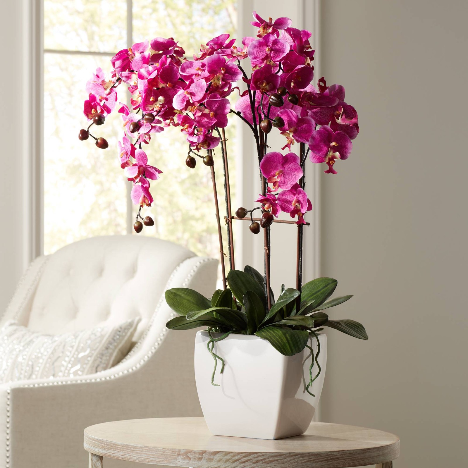 Potted Faux Artificial Flowers Realistic Purple Fuchsia Orchid in Pot Home Decor gallery