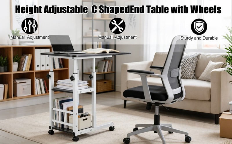 Height Adjustable C Table on Wheels with Storage Shelves Sofa End Table gallery