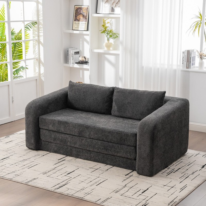 71" 2-in-1 Foldable Sofa Bed w/ Pillows, Chenille Convertible Lounge Couch, Gray gallery