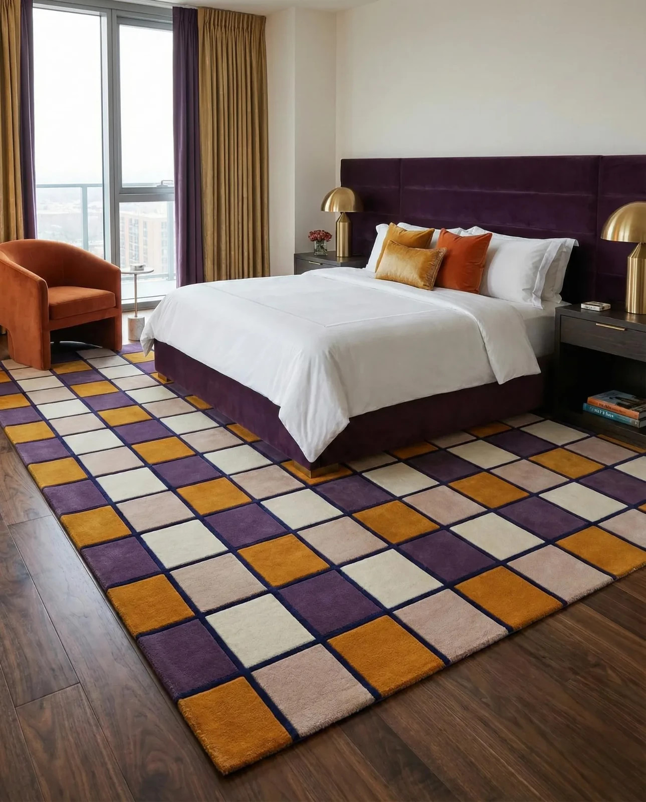 Hand Tufted NZ Wool Rug – Modern Checkerboard Geometric Carpet | Mustard, Beige gallery