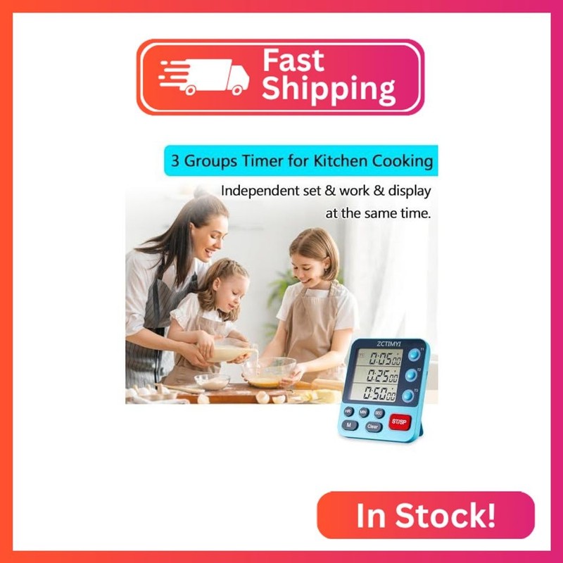 Dual Digital Timer for Kitchen Cooking, 3 Channels Count Down/Up Triple Timer fo gallery