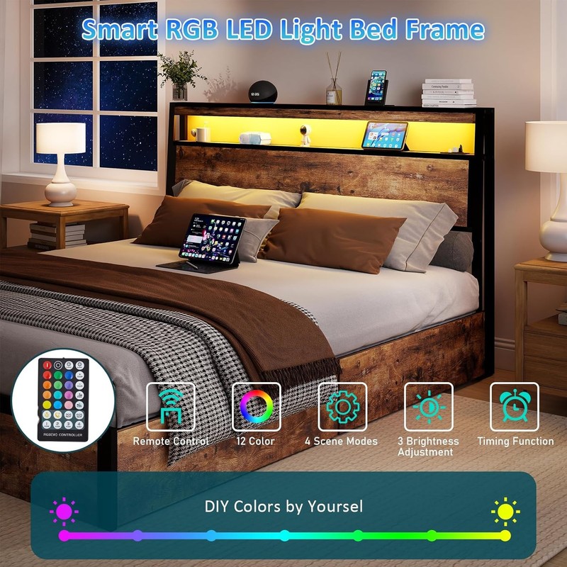 Full Queen Bed Frame with 4 Storage Drawers and Charging Station ＆ LED Lights gallery