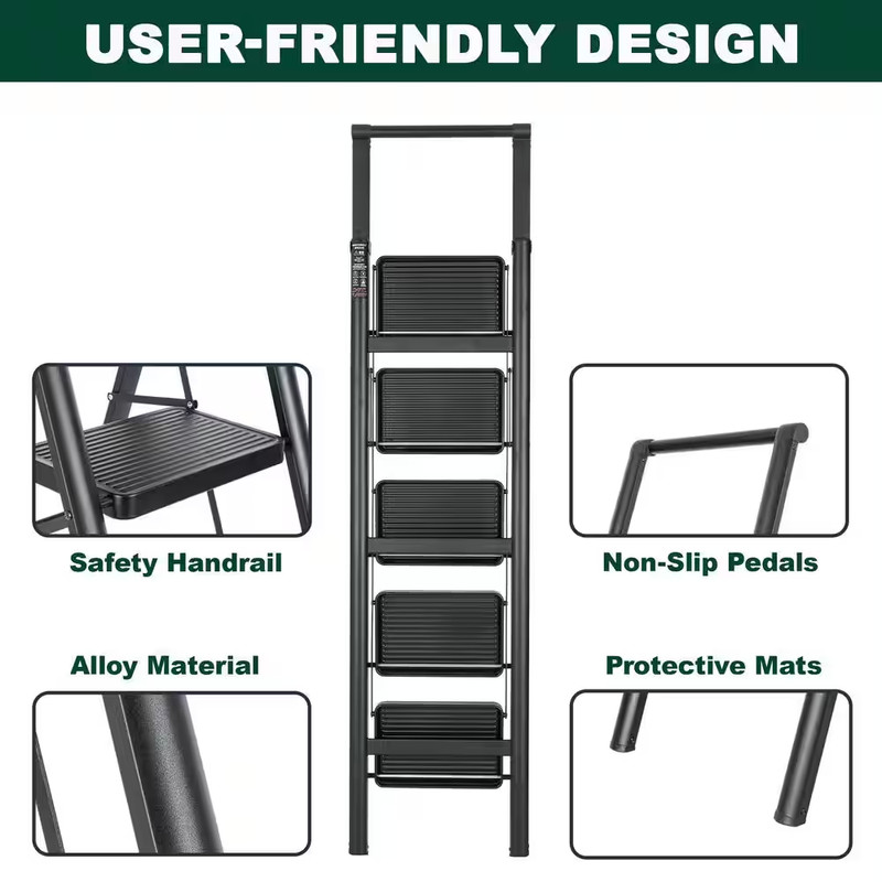 Black Metal Foldable Non-Slip 5-Step Ladder 5 Ft. Reach, Load-Bearing 330 Lbs., gallery