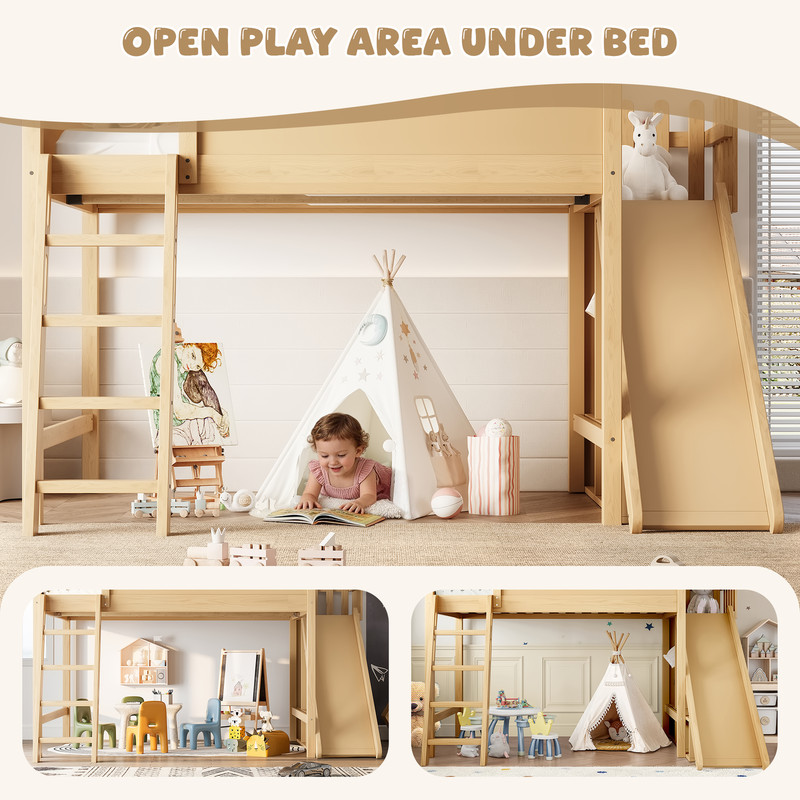 Full Loft Bed w/Storage Shelves & Wardrobe,Wood Bed Frame w/Detachable Slide gallery