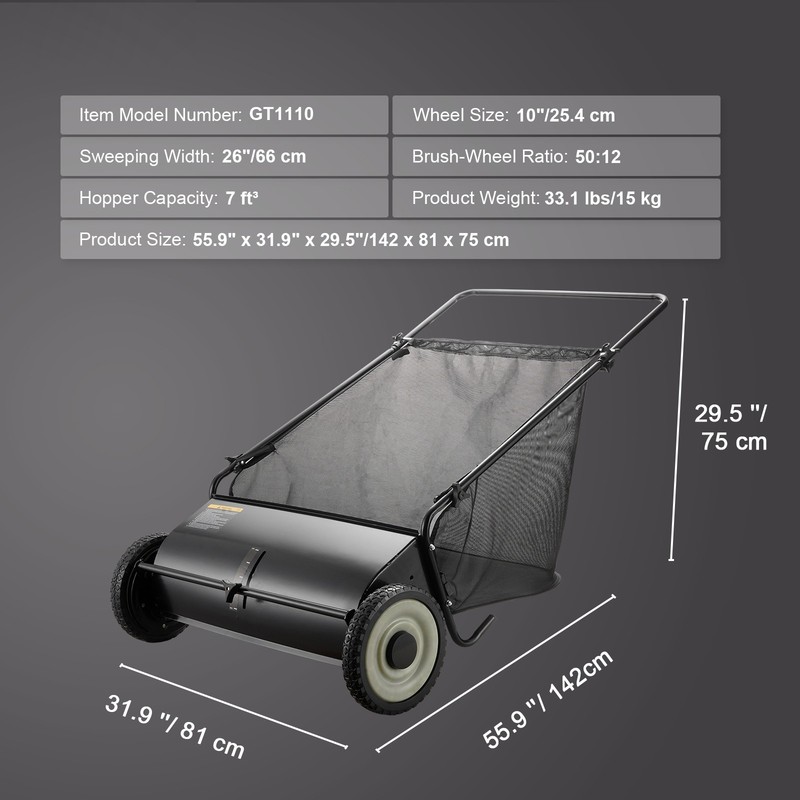 VEVOR Lawn Sweeper Push Leaf Grass Collector 26" 7 Cu. Ft. Capacity Adjustable gallery