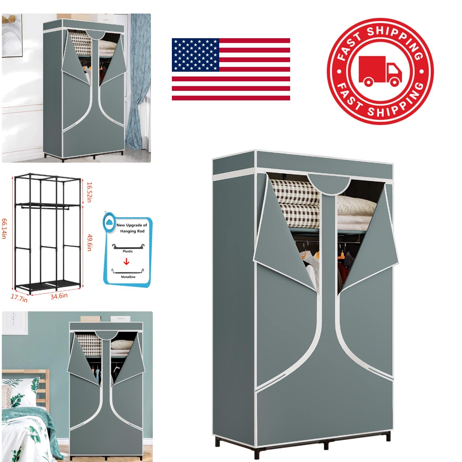 Portable Wardrobe Storage Organizer 34 Inch Grey with Easy Assembly Instructions gallery